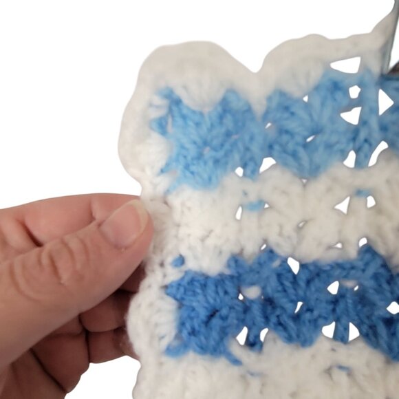 Handmade Knit Crochet Baby Blue White Striped Blanket Throw Modern Home Decor - Picture 6 of 8